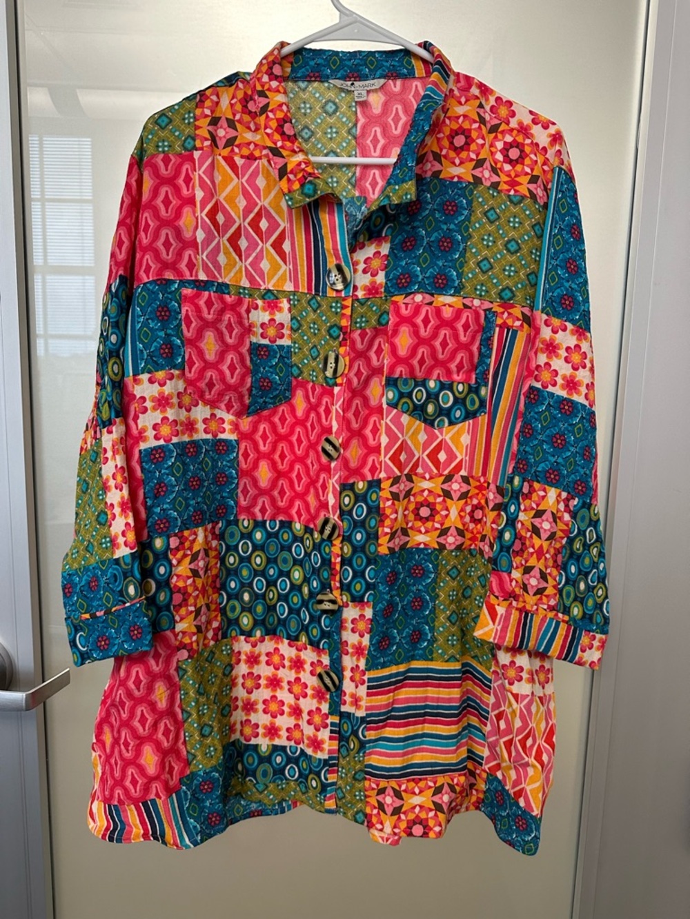 John Mark Bright Multicolor Patchwork Button-Up Shirt Tunic size XL Pockets